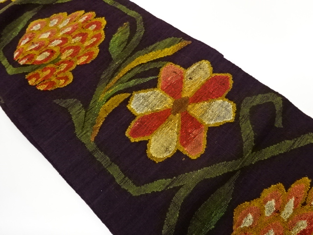 JAPANESE NAGOYA OBI / MAWATA TSUMUGI / WOVEN ABSTRACT FLOWER ARABESQUE